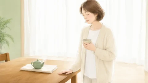 テーブルに手を添えて目を閉じ、ひと息つく女性のイラスト